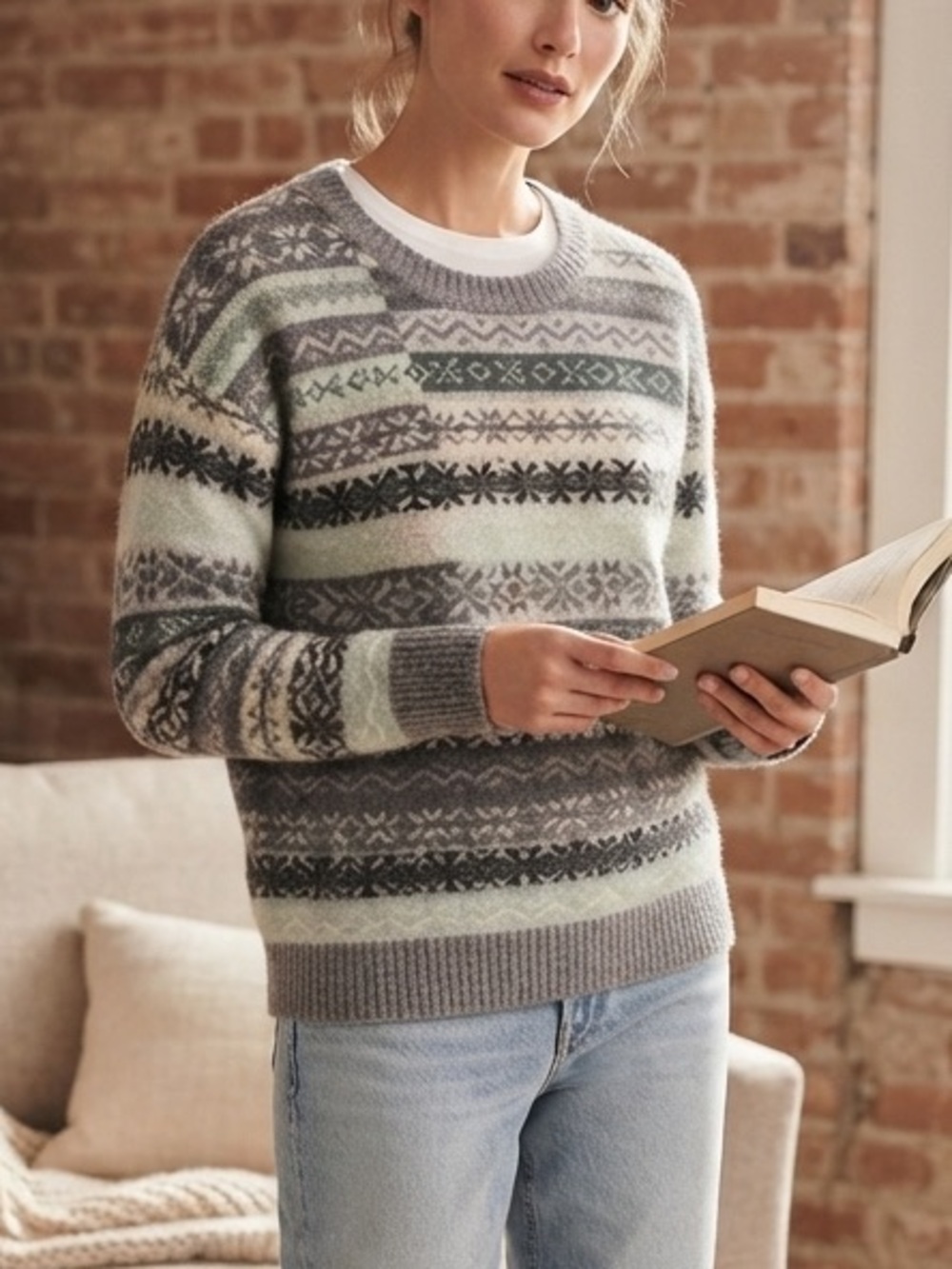 LOFT Fair Isle Crew Neck Sweater. Gray Sage Green Winter Holiday Wool Blend. Med